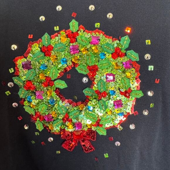 Quacker Factory Vintage Sequin Wreath Christmas Top Black XL Holiday - Picture 5 of 8